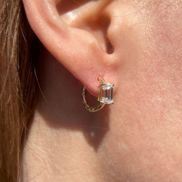 14KY Gold Huggie Hoop Earrings with Emerald Cut Lab Diamonds Image 2 Franzetti Jewelers Austin, TX