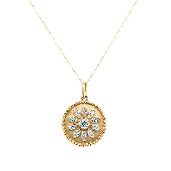 14K Yellow Gold Round Pendant with Flower of Lab Diamonds - 18