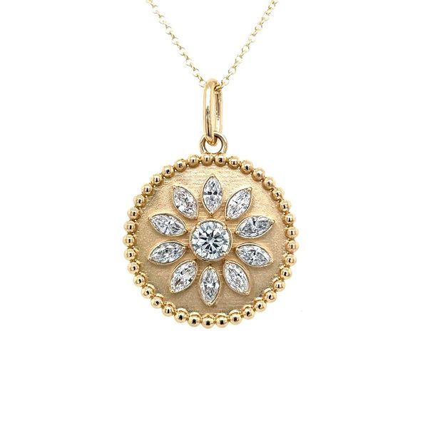 14K Yellow Gold Round Pendant with Flower of Lab Diamonds - 18