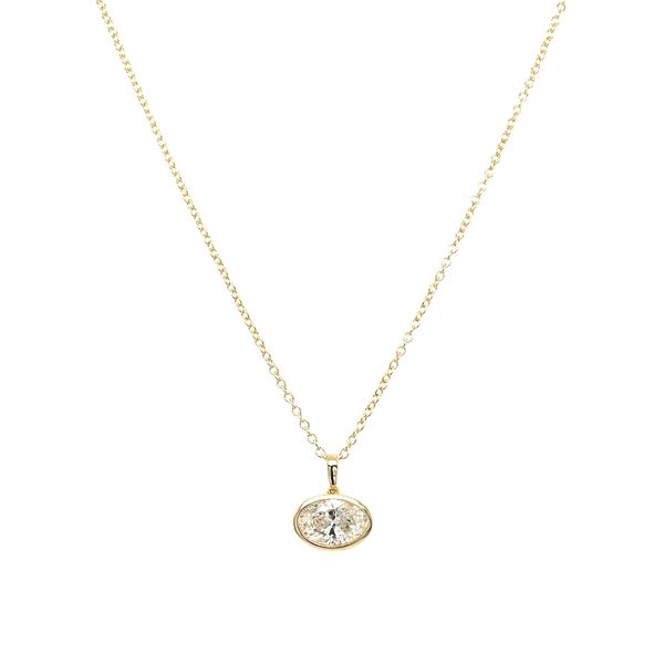 14KY Necklace with a Bezel Set 1 Ct Oval Lab Grown Diamond Solitaire Pendant - 18