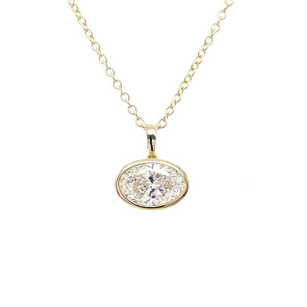 14KY Necklace with a Bezel Set 1 Ct Oval Lab Grown Diamond Solitaire Pendant - 18