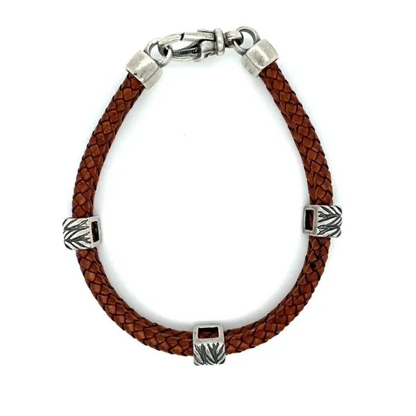 SS Woven Brown Leather Bracelet 8.25