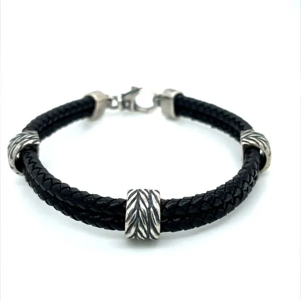 SS Woven Black Leather Bracelet 8.25
