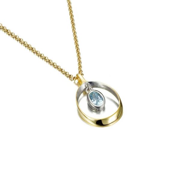 18K Yellow Gold Vermeil Two-Tone SS Oval Blue Topaz Pendant 17.5
