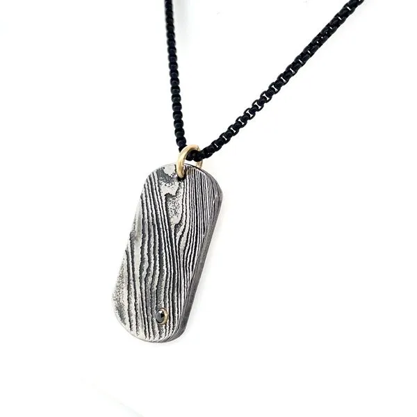 Damascus Stainless Steel dog tag necklace with Bezel set Black diamond Image 4 Franzetti Jewelers Austin, TX