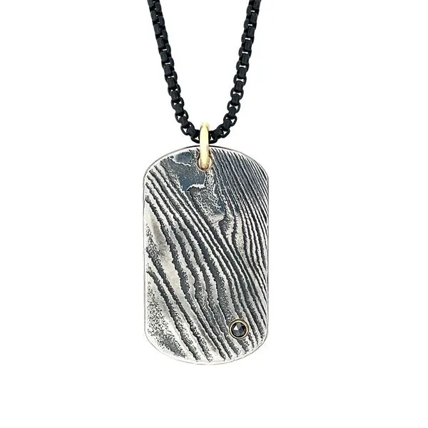 Damascus Stainless Steel dog tag necklace with Bezel set Black diamond Franzetti Jewelers Austin, TX