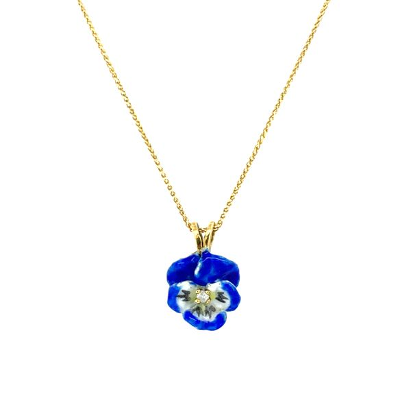 14KY Gold Blue Enamel Flower Pendant with Single Diamond Image 2 Franzetti Jewelers Austin, TX