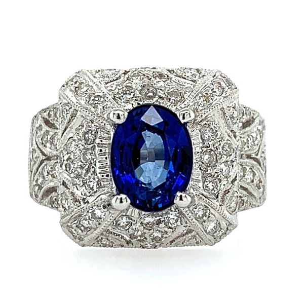 18K White Gold Blue Sapphire & Diamond Antique Style Ring Franzetti Jewelers Austin, TX