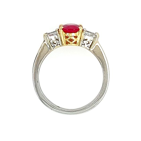 18K 3 Stone Ring with 1 Ct Oval Ruby & Pair of Diamonds Image 3 Franzetti Jewelers Austin, TX