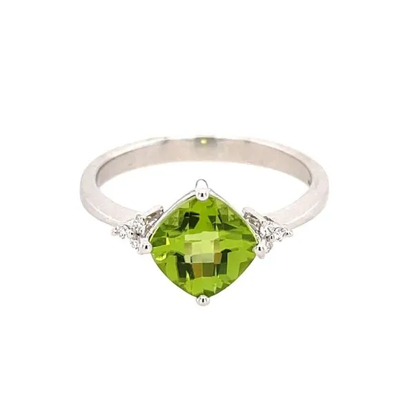 14KW Gold 7 x 7 mm Cushion Peridot & 6 Diamond Ring Image 3 Franzetti Jewelers Austin, TX