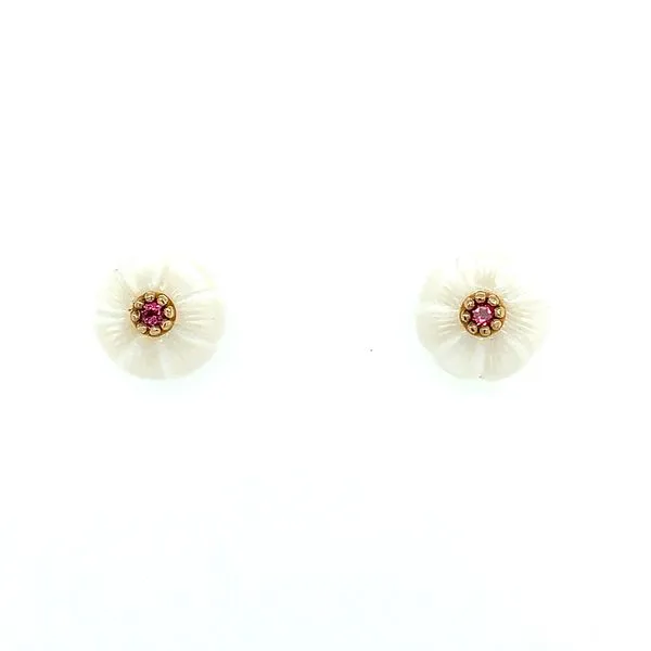 14K Yellow Gold Carved Freshwater Pearl & Pink Tourmaline Earrings Franzetti Jewelers Austin, TX