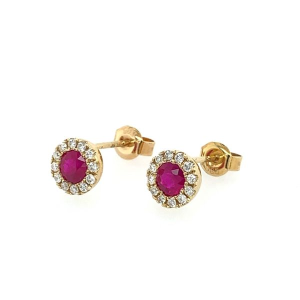 14K Yellow Gold Ruby with Halo of Diamonds Earrings Image 2 Franzetti Jewelers Austin, TX