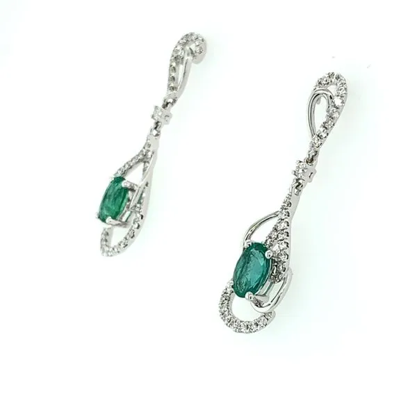 14K White Gold Oval Emerald & Diamond Dangle Earrings Image 2 Franzetti Jewelers Austin, TX