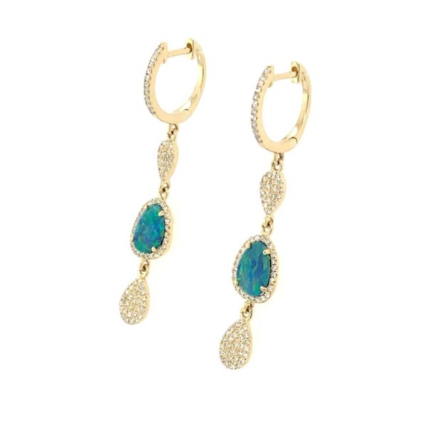14K Yellow Gold Black Opal Doublet & Diamond Dangle Earrings Image 2 Franzetti Jewelers Austin, TX