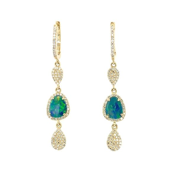 14K Yellow Gold Black Opal Doublet & Diamond Dangle Earrings Franzetti Jewelers Austin, TX