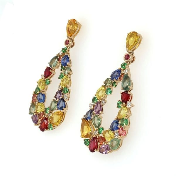 Fancy Sapphire, Tsavorite & Diamond Pear Cluster Dangle Earrings Image 2 Franzetti Jewelers Austin, TX