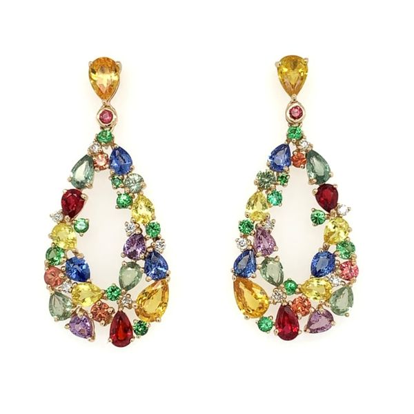 Fancy Sapphire, Tsavorite & Diamond Pear Cluster Dangle Earrings Franzetti Jewelers Austin, TX