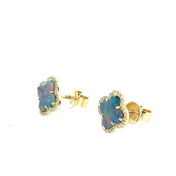 14K Yellow Gold Black Opal Doublet & Diamond Clover Earrings Image 2 Franzetti Jewelers Austin, TX