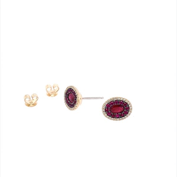 14KW Gold Ruby & Diamond Oval Cluster Earrings Image 2 Franzetti Jewelers Austin, TX