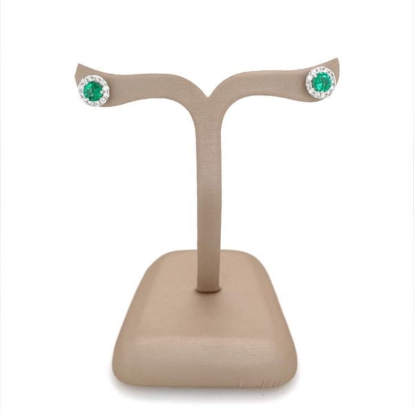 14K White Gold 4.5 mm Emerald & Diamond Stud Earrings Image 3 Franzetti Jewelers Austin, TX