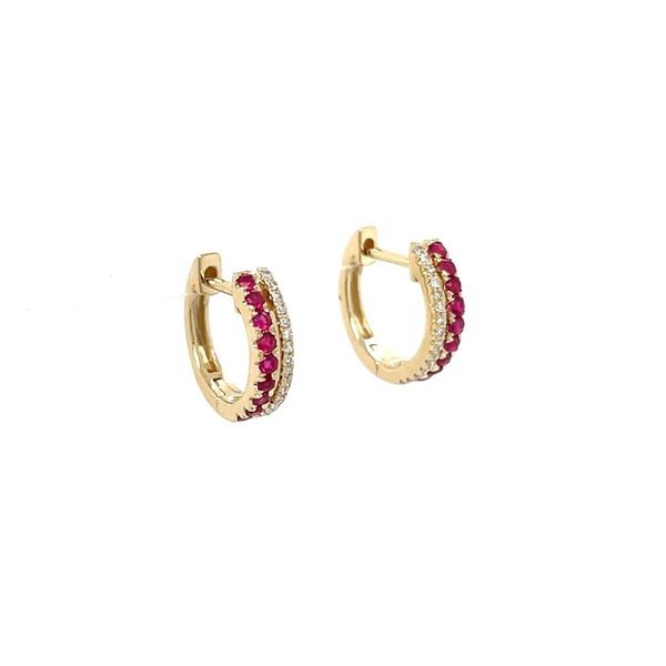 14KY Gold Ruby & Diamond 12.5 mm Huggie Hoop Earrings Image 3 Franzetti Jewelers Austin, TX