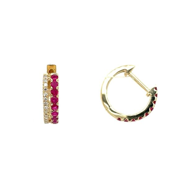 14KY Gold Ruby & Diamond 12.5 mm Huggie Hoop Earrings Franzetti Jewelers Austin, TX