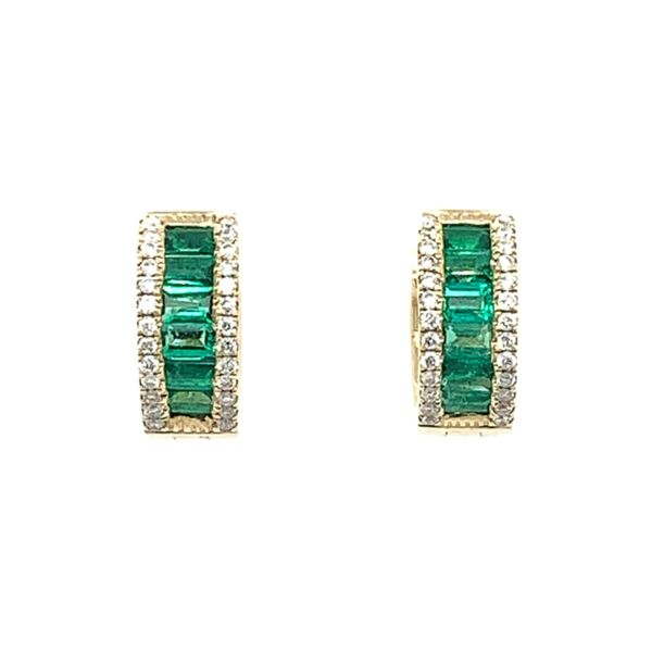 14KY Gold Emerald & Diamond Huggie Hoop Earrings Image 2 Franzetti Jewelers Austin, TX