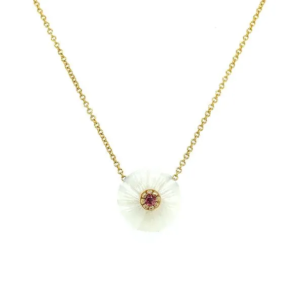 14KY Gold Carved Pearl with Pink Tourmaline Pendant 18