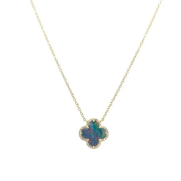 14KY Gold Black Opal Doublet & Diamond Clover Pendant Necklace 18