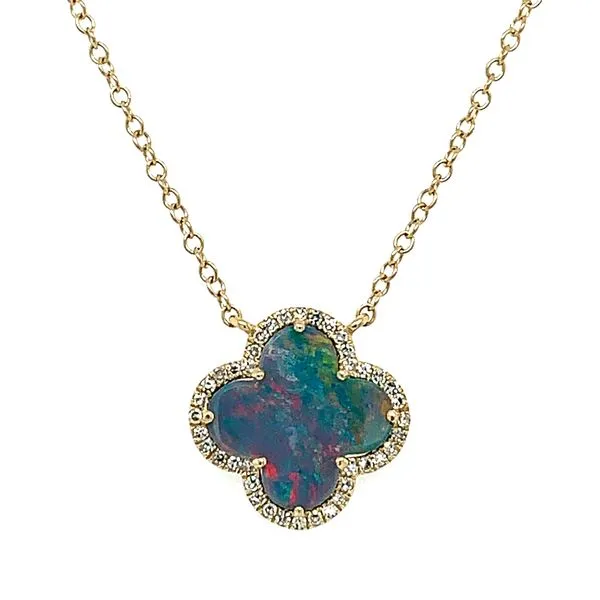 14KY Gold Black Opal Doublet & Diamond Clover Pendant Necklace 18