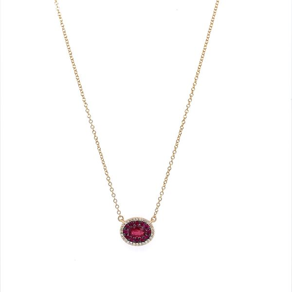 14KY Gold Ruby & Diamond Oval Cluster Pendant Necklace Image 2 Franzetti Jewelers Austin, TX