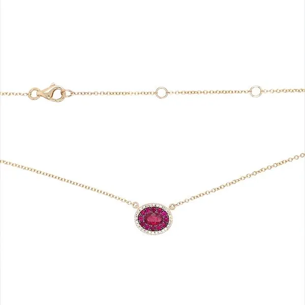 14KY Gold Ruby & Diamond Oval Cluster Pendant Necklace Image 3 Franzetti Jewelers Austin, TX