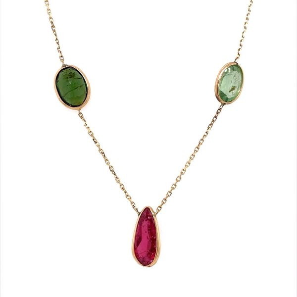 14KY Gold Multi Colored Tourmaline Gemstone Station Necklace 25.08 CTW 18