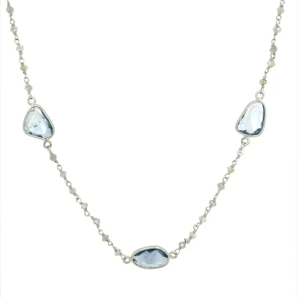 14KW Gold Blue Sapphire Slices & Gray Diamond Beads Necklace 18