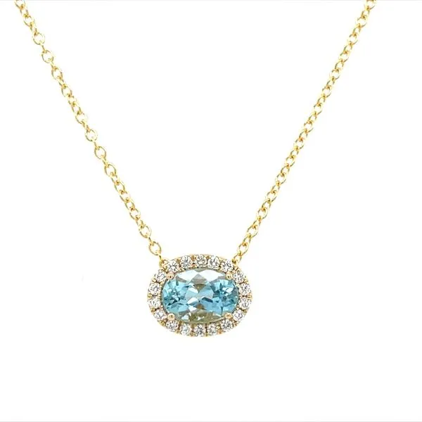 14KY East-to-West Set Oval Aqua & Diamonds Necklace 18