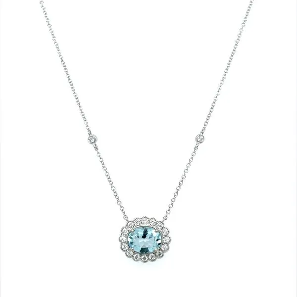 14KW East-to-West Set Oval Aqua & Diamonds Necklace 18