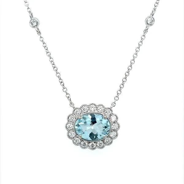 14KW East-to-West Set Oval Aqua & Diamonds Necklace 18