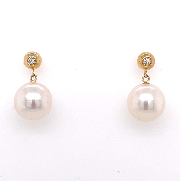 18KY Gold 8.4 mm Akoya Pearl Dangle Earrings with Diamonds Franzetti Jewelers Austin, TX