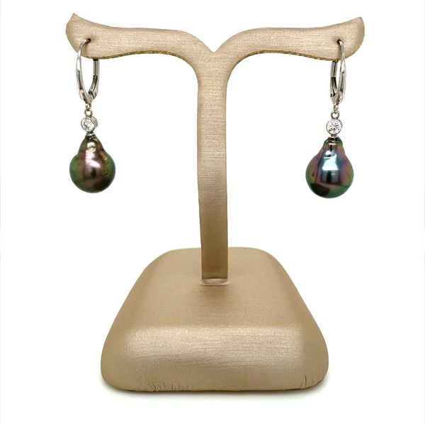 14KW Gold Tahitian Black Pearl & Diamond Dangle Earrings Image 3 Franzetti Jewelers Austin, TX