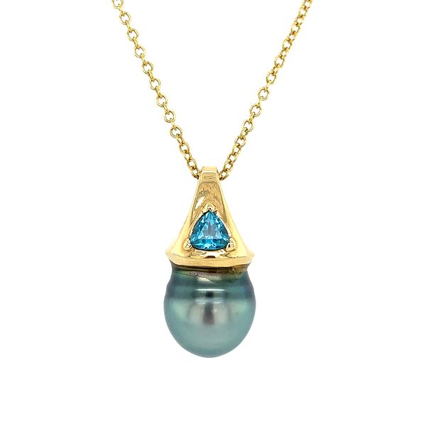 14KY Gold Pendant with 11.9 MM Tahitian Pearl & Blue Topaz Image 2 Franzetti Jewelers Austin, TX