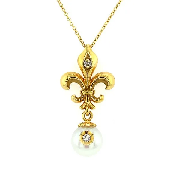 14KY Gold Galatea Fleur-de-lis Pearl Pendant with 2 Diamonds on 18