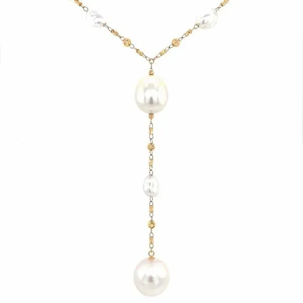 18KY Gold Necklace with Pearl Stations & Pearl Drop 18