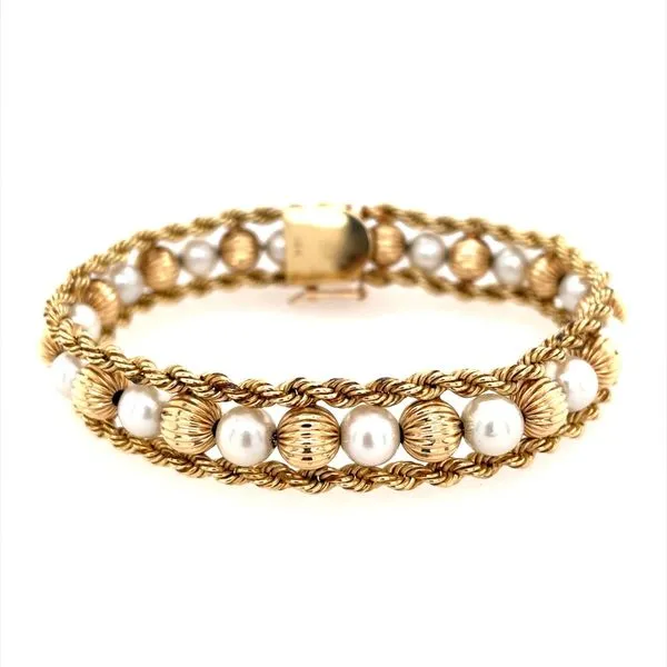 Estate: 14K Yellow Gold & White Pearl Bracelet 7.5 