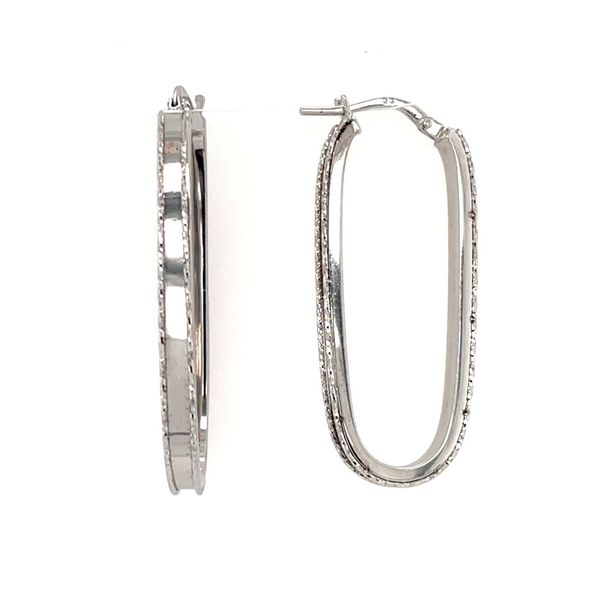 14K White Gold Elongated Diamond Cut Hoop Earrings 38 MM Franzetti Jewelers Austin, TX