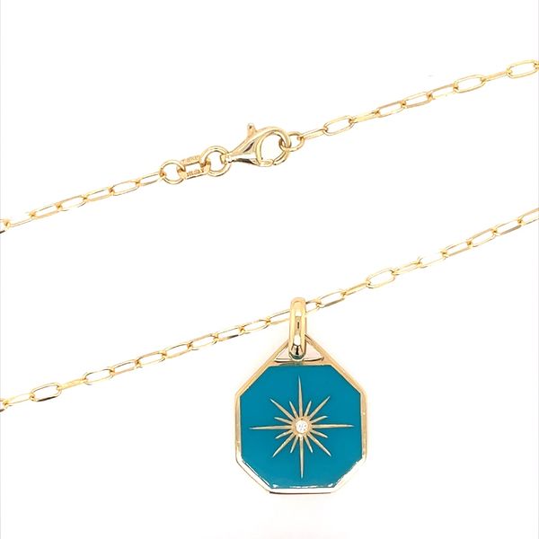 14KY Gold Necklace with Diamond & Teal Enamel Pendant 20