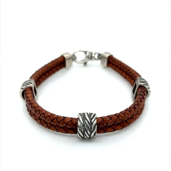 SS Woven Brown Leather Bracelet 8.25