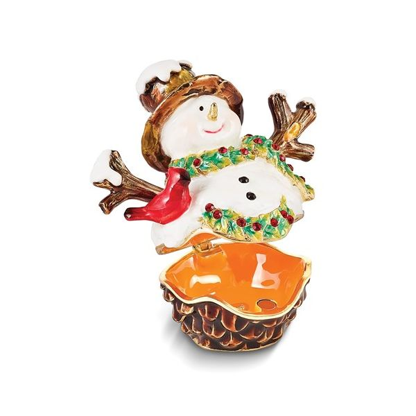 Bejeweled GARLAND Snowman with Bird & Scarf Gift Box Image 2 Franzetti Jewelers Austin, TX