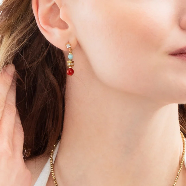 Fusion Red Carnelian, Ice Blue & Gold Chain Earrings Image 2 Frontenac Jewellers Kingston, ON