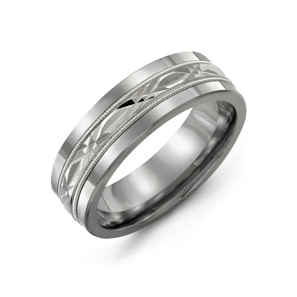 Tungsteen inlay with Diamond cut Millgrain 10K White Gold 7mm Men's wedding band Frontenac Jewellers Kingston, ON
