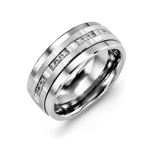 Tungsteen inlay with 10K WhiteGold 0.09ct Diamond Men's wedding band Frontenac Jewellers Kingston, ON